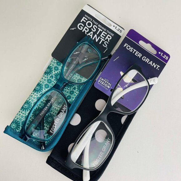 RG0360 Lot of 2 Foster Grant Unisex Crystal Vision Reading Glasses w/ Case +1.25 - Picture 1 of 6